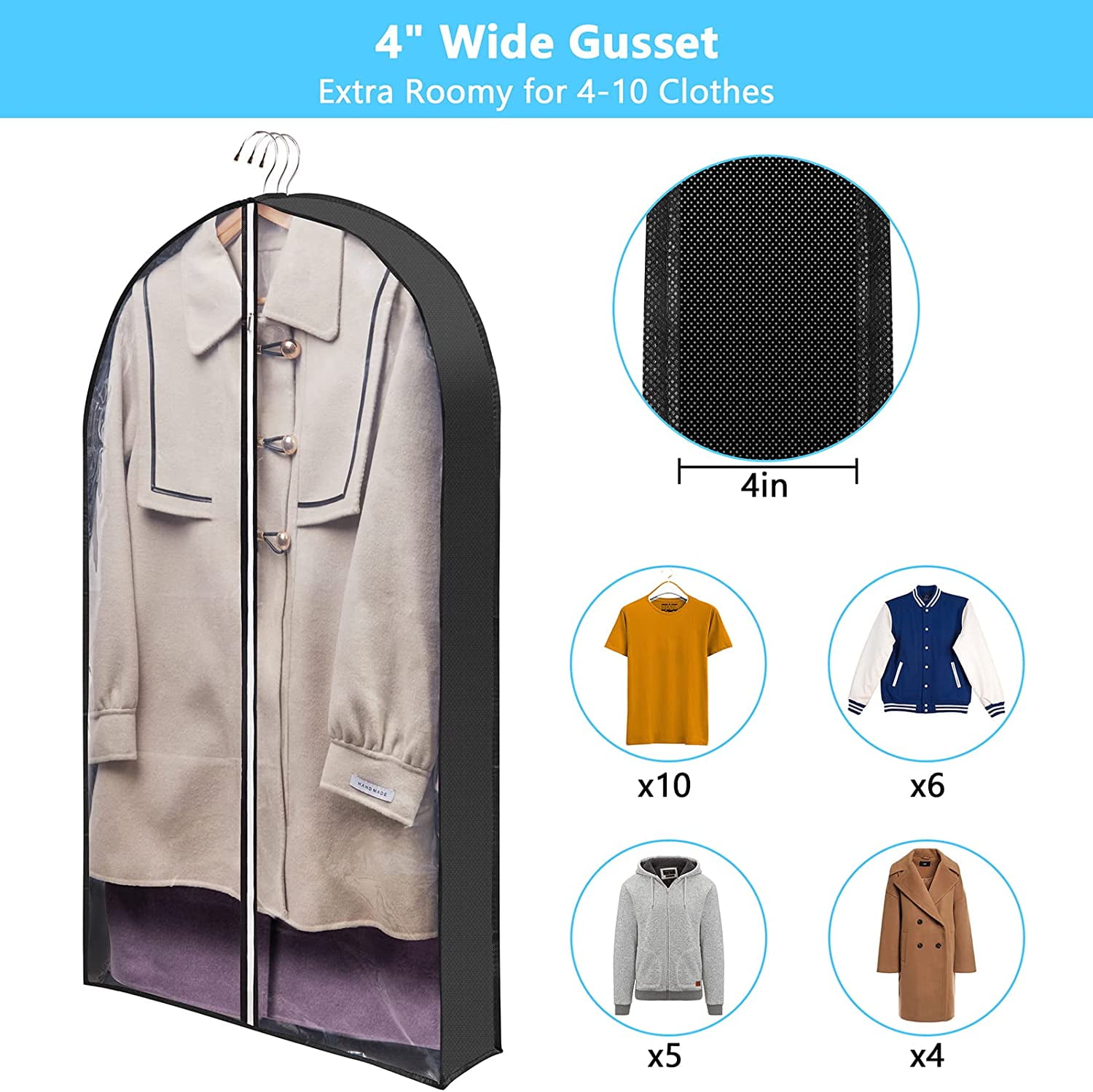 40 Garment Bags with 6 Pockets, Clear Clothes Covers with 4 Gussetes for  Hanging Clothes Closet Storage, Breathable Protector for Suits Coat,  Jacket, Sweater, Shirts, 3 Packs : : Home & Kitchen