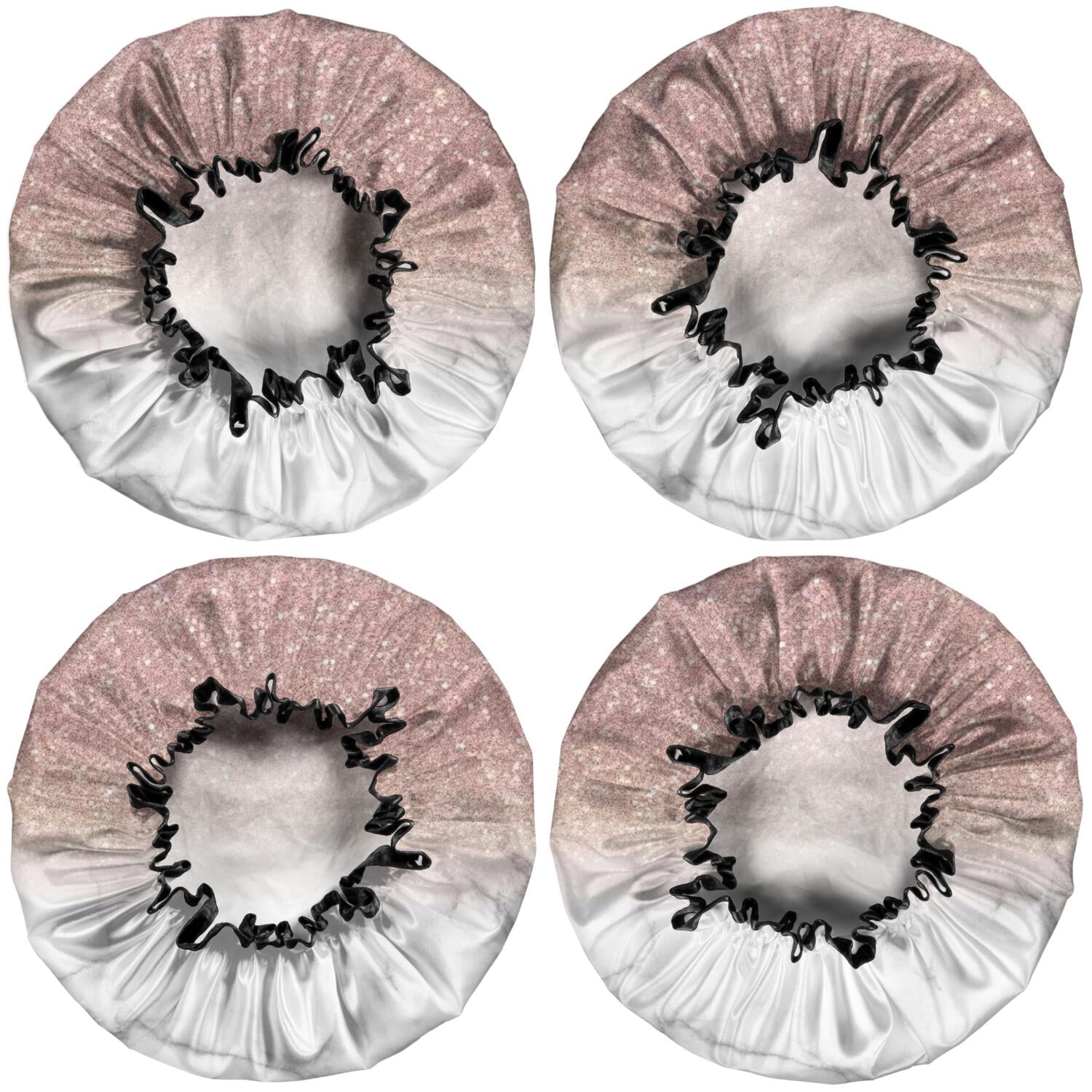 Shower Caps,Pink Glitter White Marble Pattern Waterproof Shower Cap for Women 4 Pieces,Double Reusable Hair Cover for Shower PEVA Elastic Stretch Hem