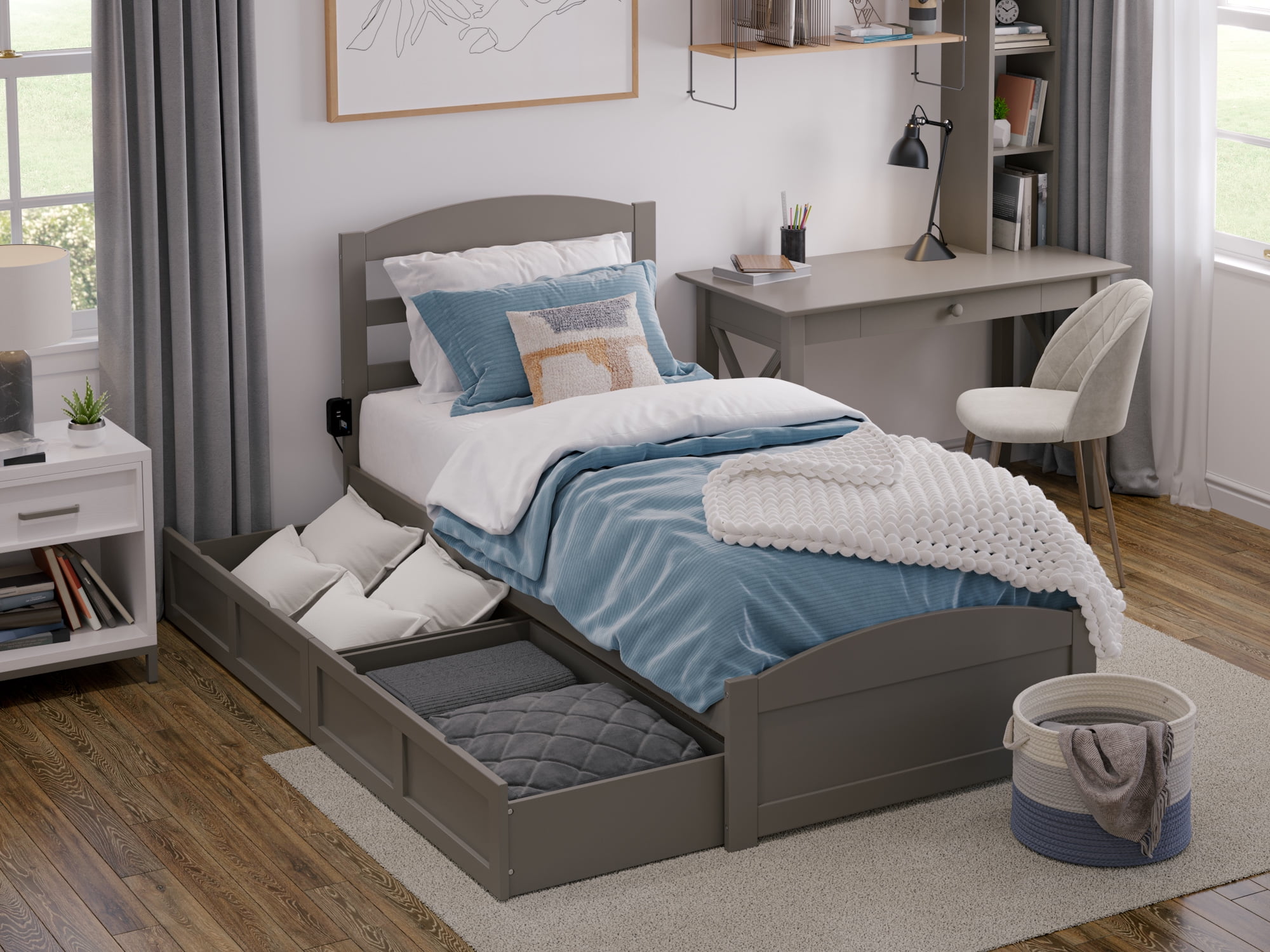 AFI Warren Twin XL Wood Platform Bed with Headboard Footboard & 2 Storage Drawers, Grey