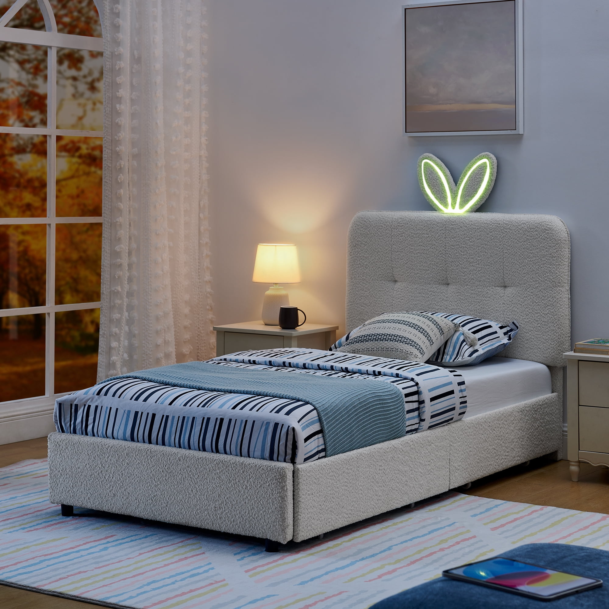 Mintazer Twin Upholstered Kids Bed with Oversized Rabbit Ear Headboard, Boucle Fabric Platform Bed with LED Headboard & 4 Storage Drawers, Beige