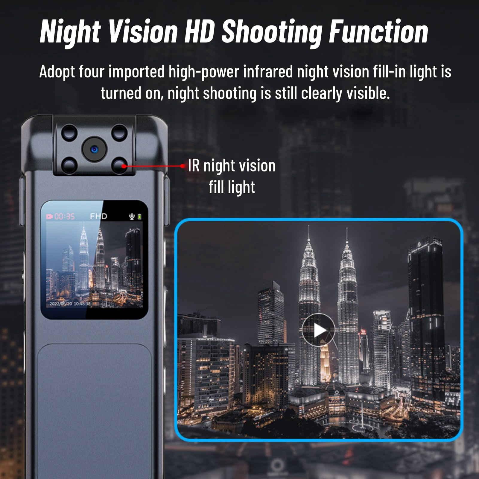 Multifunctional voice recorder, 1080p high-definition law enforcement recorder, wearable camera, 180° rotating lens, with infrared night vision, suitable for home office use