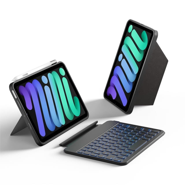 HOU Étui Clavier pour iPad Mini 7/6, Support Réglable à 156°, Étui Protecteur Complet Détachable pour iPad Mini 7/6, 11 Touches de Raccourci, Rétroéclairage 7 Couleurs, PU en Silicone, Multifonction, Bluetooth