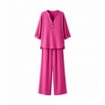thumbnail image 5 of BRELIL Women Plus Size V Neck 3/4 Sleeve Shirt Wide Leg Pants Two Piece Set Solid Boho Lounge Casual Loose Outfits Travel Vacation, Hot Pink M, 5 of 7