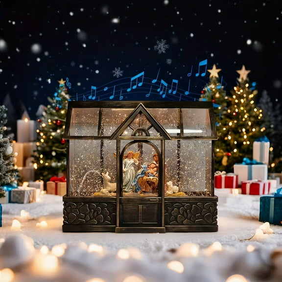 Singing Battery-Powered & Plug-in Melodic Illuminated Christmas Snow Rotating Water Glittering Snow Globe Lantern Home Ornament and Present, Nativity Scene