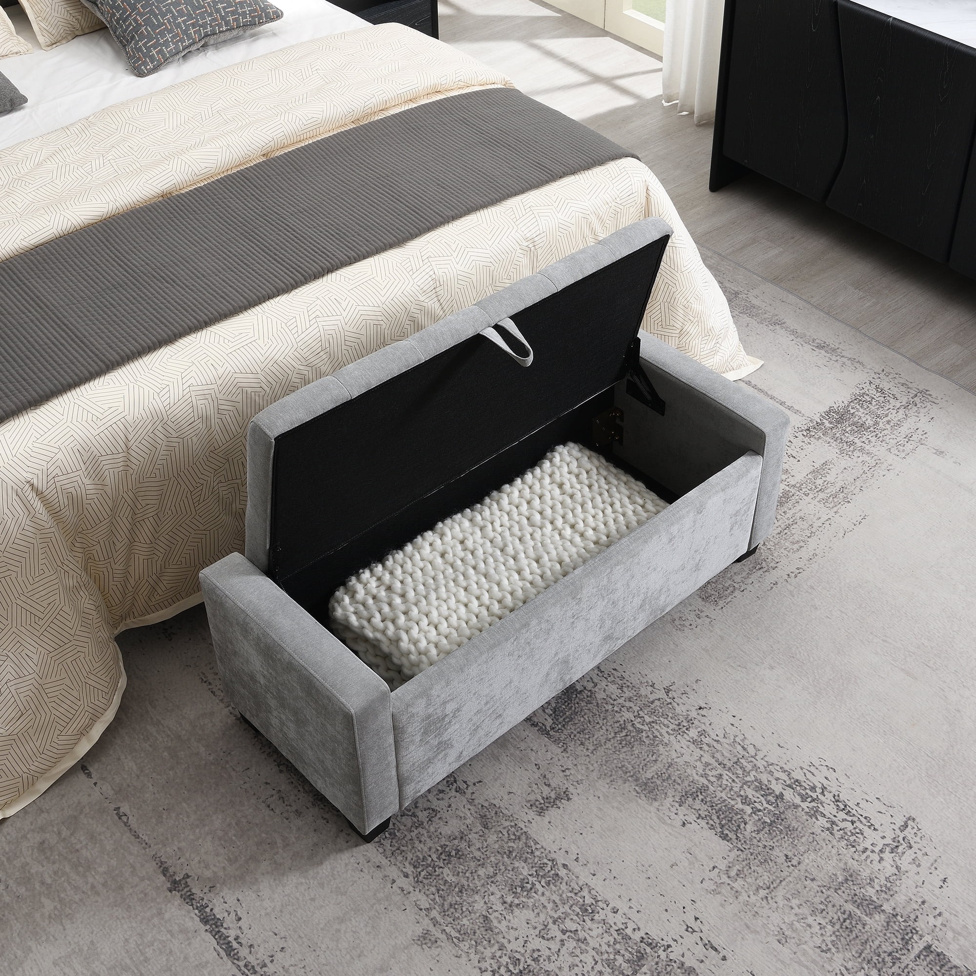 Ottoman with Storage, Upholstered Bench with Button Tufting and Safety Hinge, Solid Wood Frame for Bedroom Living Room Entryway, Light Grey