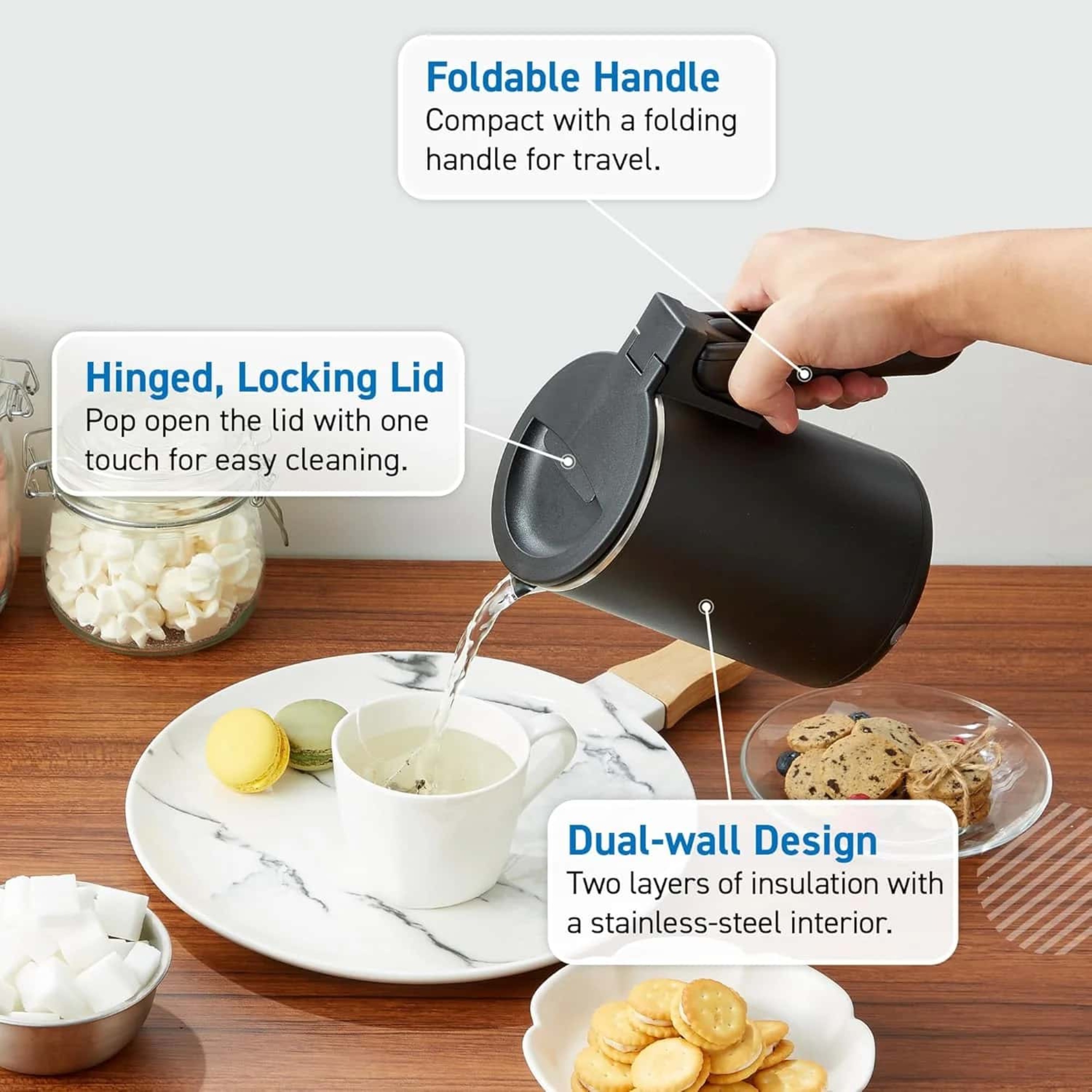 Dual-voltage Kettle, Double-layer Heat-insulating and Anti-scald Electric Kettle, 0.6-liter Capacity, Hinged Locking Kettle Lid, Dry-burn Protection, Suitable for Tea Parties and Dormitories.