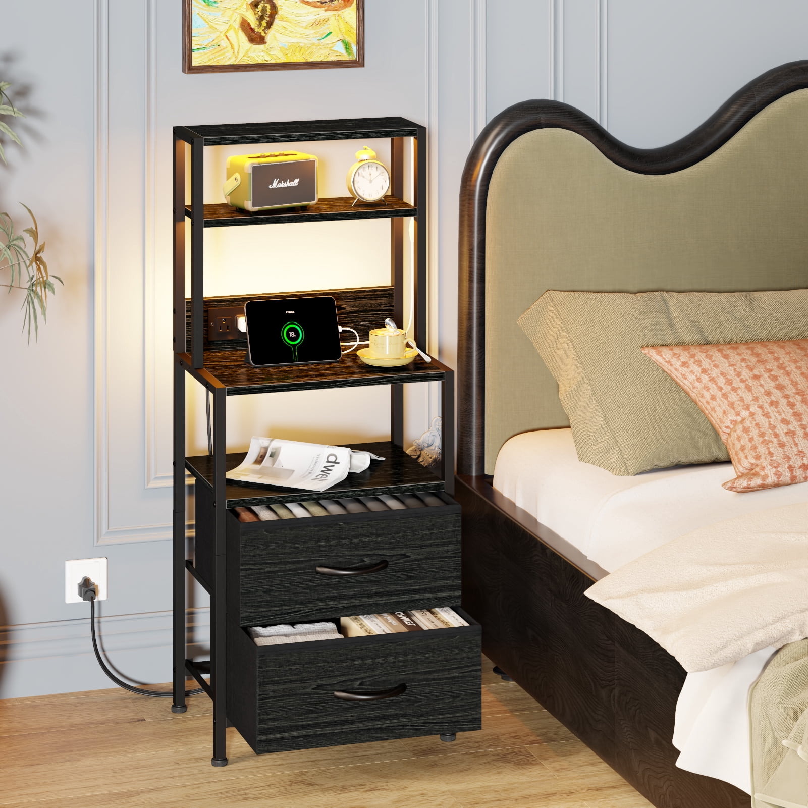 Satifur Tall LED Nightstand,Bedside Table with Charging Station,2 Fabric Drawers & Shelfs for Bedroom Living Room,Black Oak