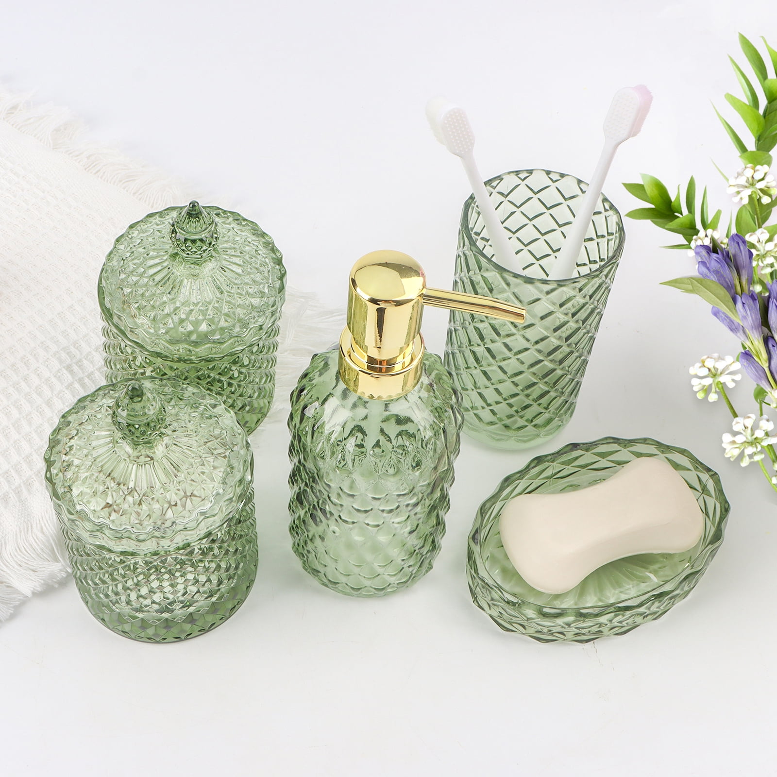 5PCS Bathroom Glass Soap Dispenser Set, Includes 2 Cotton Swab Jars, Cup, Soap Dish, Soap Dispenser, Bathroom Accessories, Green