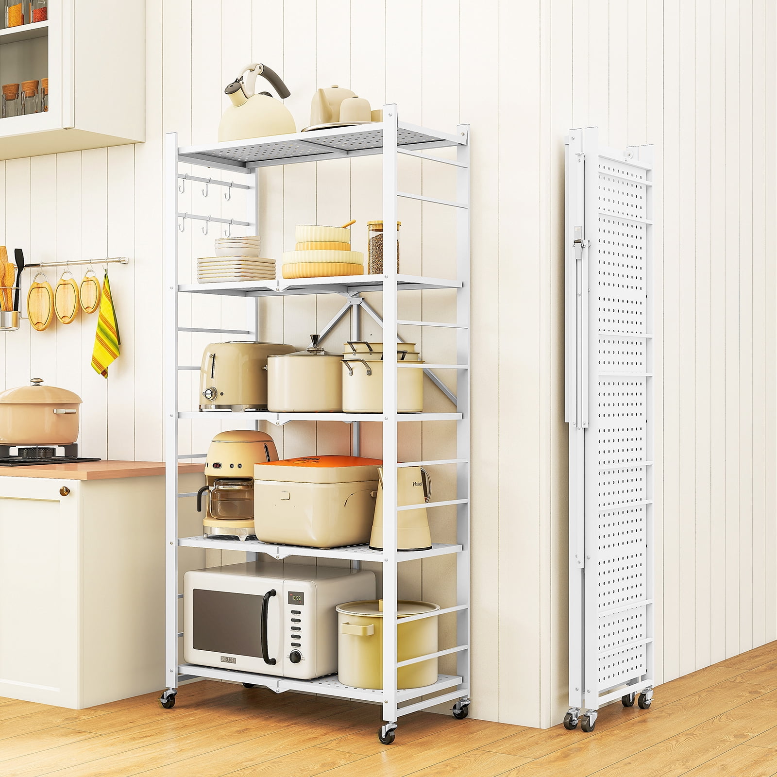 Fenbeli Storage Shelves,5-Tier Foldable Metal Wire Storage Shelf with Wheels, Heavy Duty Organizer Rack for Garage, Kitchen, Closet, White