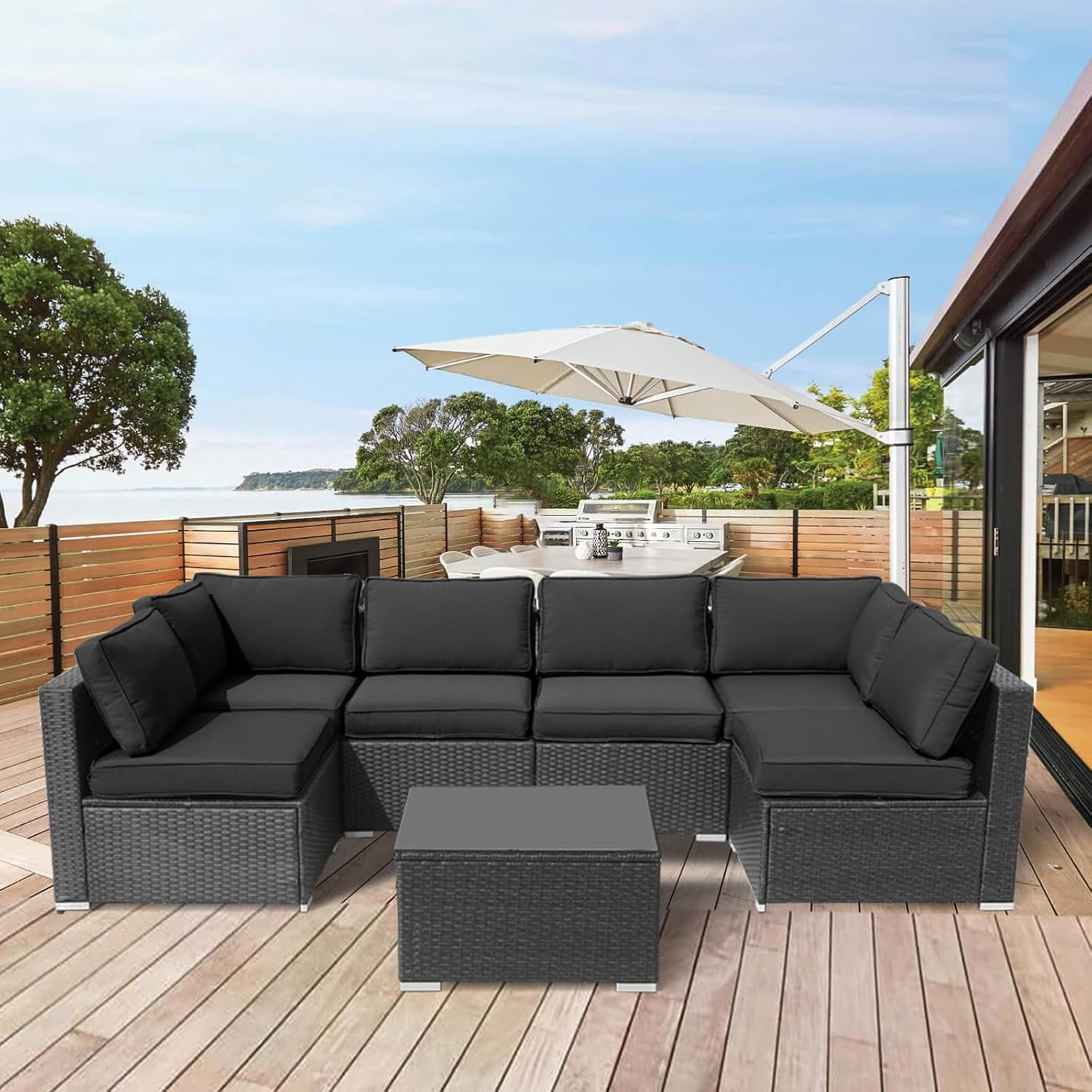 FKS LIFE Outdoor Replacement Cushions for Patio Furniture, Water-Resistant Sofa Cushion for 6-Seat Rattan Wicker Sectional Patio Conversation Sets, 14-Piece Cushions Set for Outdoor