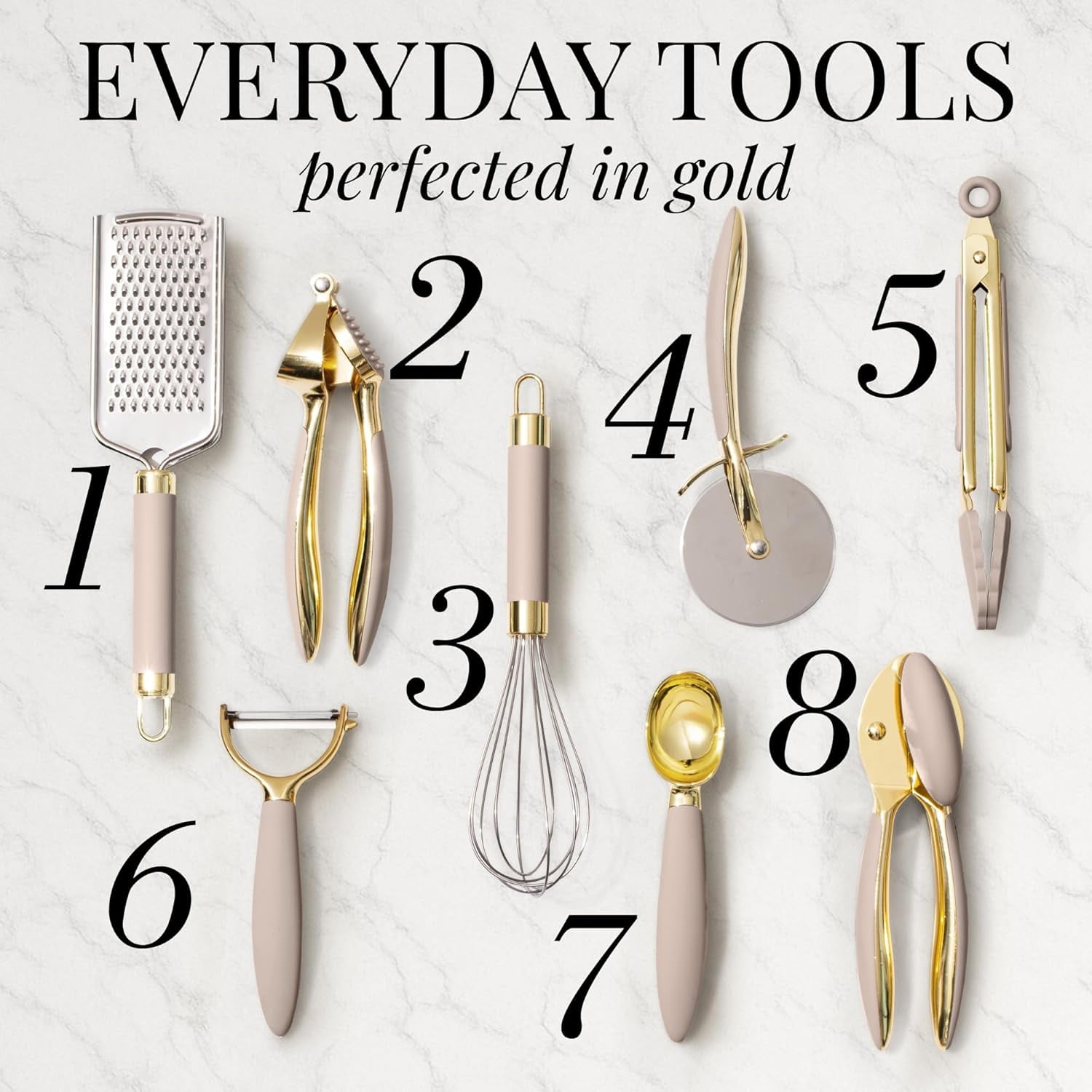 Styled Settings 23-Piece Gold and Beige Kitchen Utensils Set – Silicone Nonstick Cooking Tools with Measuring Cups, Garlic Press, Can Opener, and Utensil Holder
