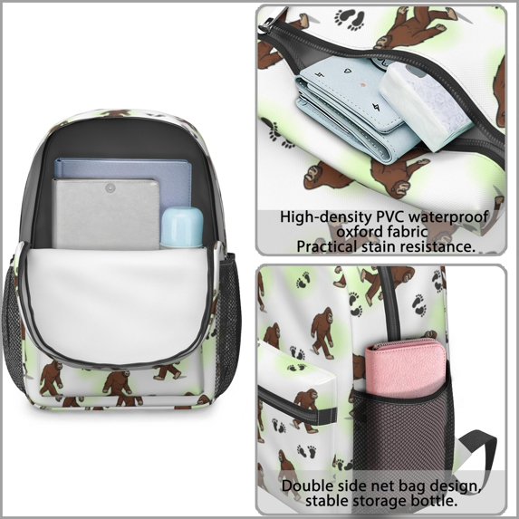 Bigfoot and Paw Print White Pattern 17" Waterproof Oxford School Backpacks for Teens, S-Shape Padded Straps, for School, Travel, Hiking, Camping