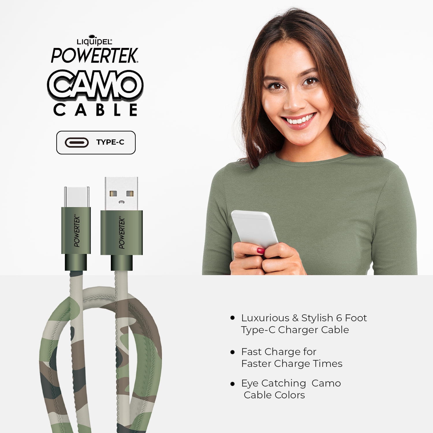 Liquipel Powertek 6ft USB A to USB C Cable with Accessories, Green