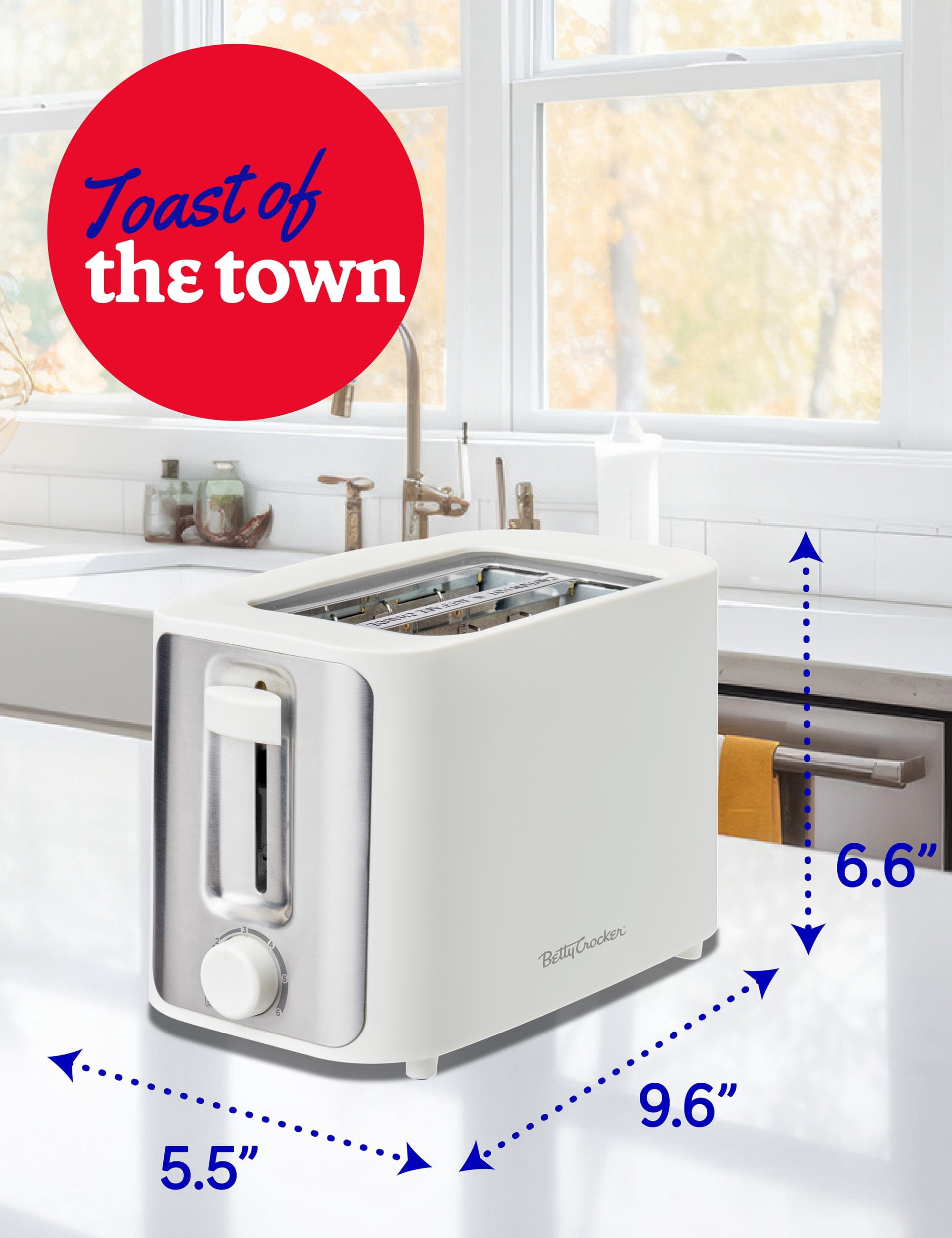 Betty Crocker 2-Slice Toaster, 900W, Variable Toast Shade Control, High Lift Feature, Cool Touch Housing, Bread Centering Guides, BC-5632W, White