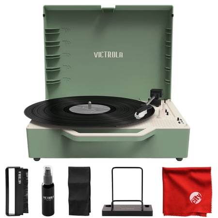 Victrola Re-Spin Sustainable Bluetooth Suitcase Record Player Basil Bundle with Victrola Record Cleaning Kit and Microfiber - Basil