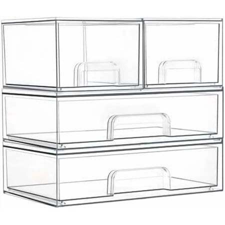 Stackable Storage Drawers Set of 4 Clear Plastic Organizer Bins for Bathroom Supplies Ideal for Cabinet Pantry Laundry Room Organization