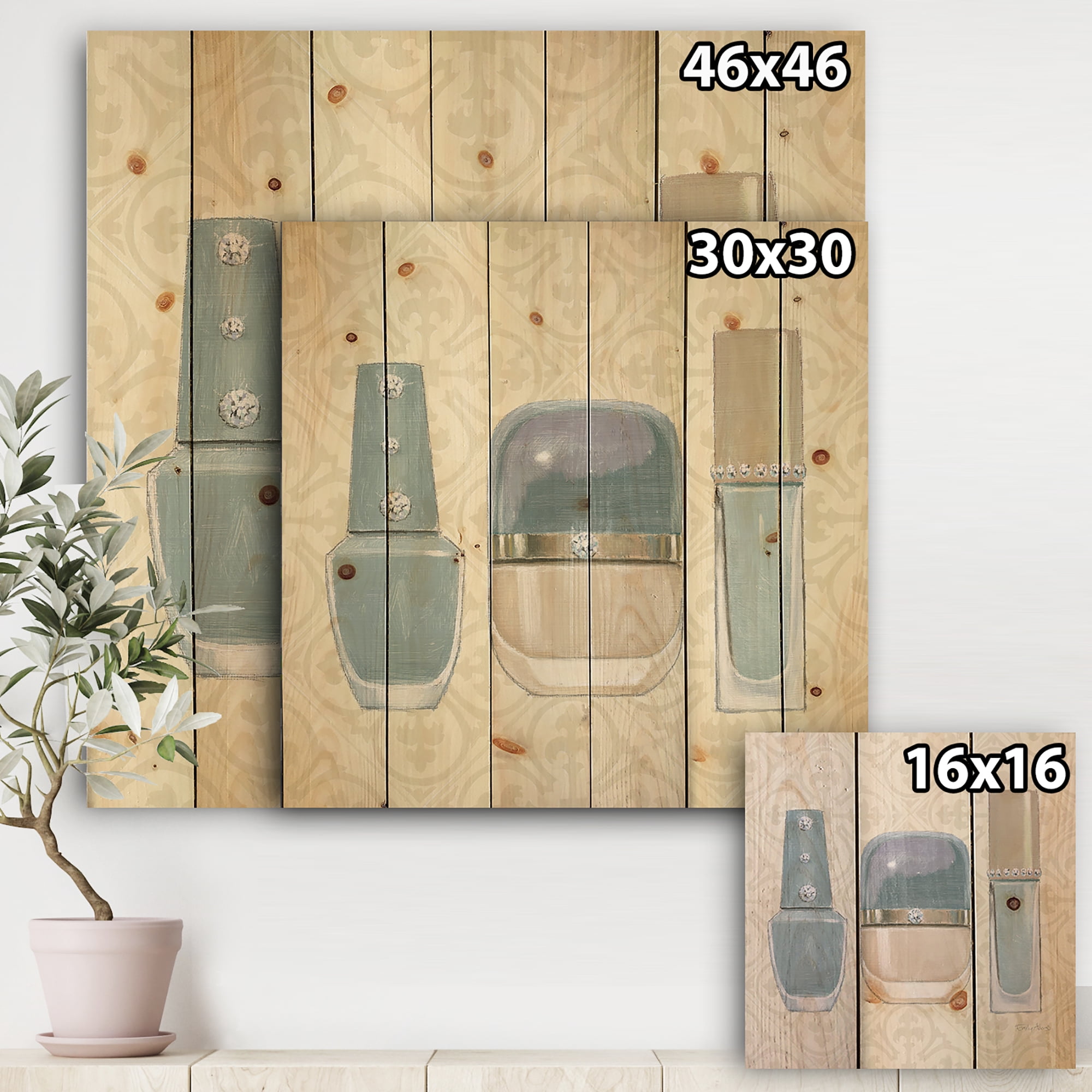 Designart 'Fashion Cosmetics Blue accessories II' Fashion Print on Natural Pine Wood