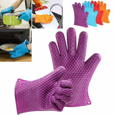 A Pair Grilling Gloves Heat Resistant Silicone Cooking Gloves Best Accessories for Barbecue, Grill, Smoker, Kitchen Oven More, Purple / Blue /
