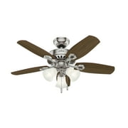 Hunter 42 inch Indoor Ceiling Fan with LED Lights - Ceiling Fan with Pull Chain, For Bedroom or Living Room, Standard Mount, No Remote, 5 Blades, Includes Bulbs - Builder 52106, Brushed Nickel