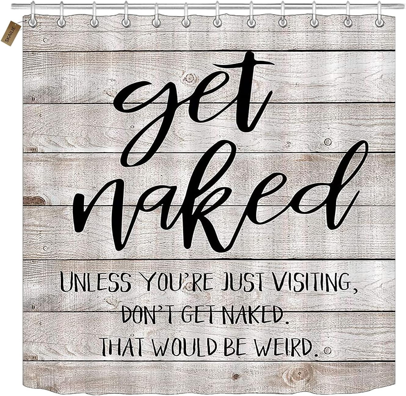 4PCS Get Naked Shower Curtain Set, Funny Quotes Black Letters Barnwood Country Rustic Farmhouse Bathroom Decor, Waterproof Fabric Shower Curtain, Non-Slip Bath Mat Toilet Rug, Don't Get Naked