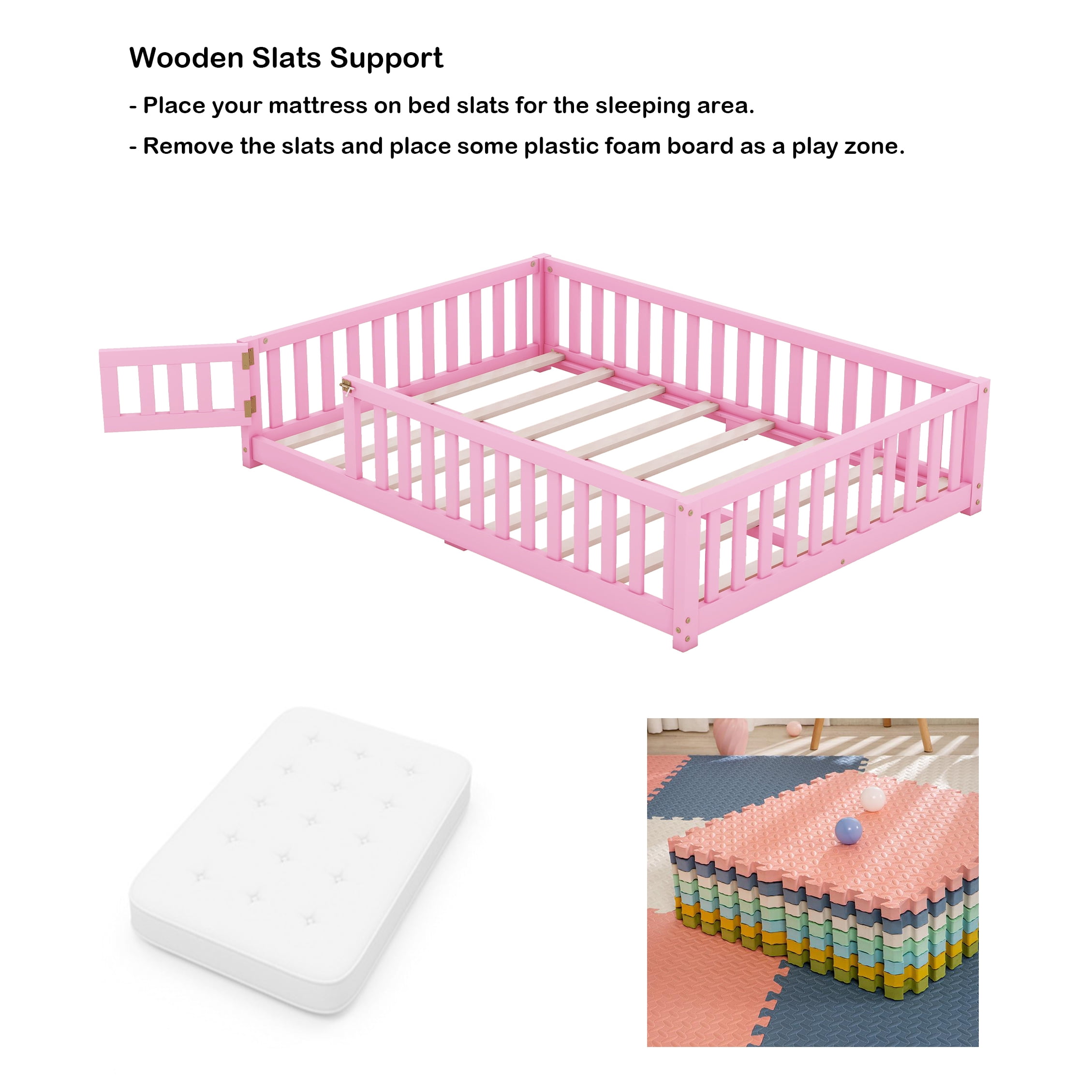 Lyngins Twin Size Floor Bed With Fence & Door - Pink Rubber Wood Montessori Toddler Bed, 250lbs Capacity