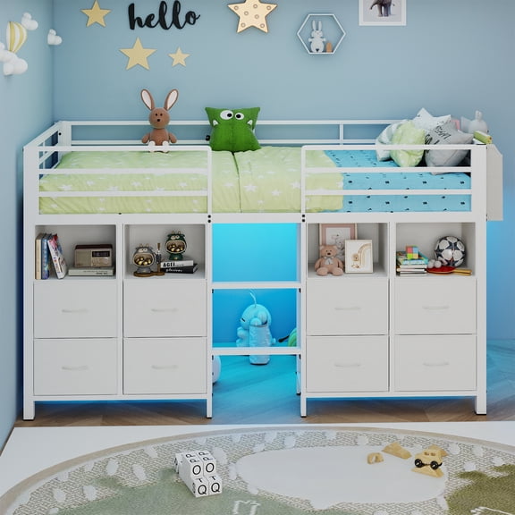 DRNANLIT Twin Low Loft Bed with 8 Drawers, Bookcase & LED, Metal Frame, 13" Guardrail, No Box Spring
