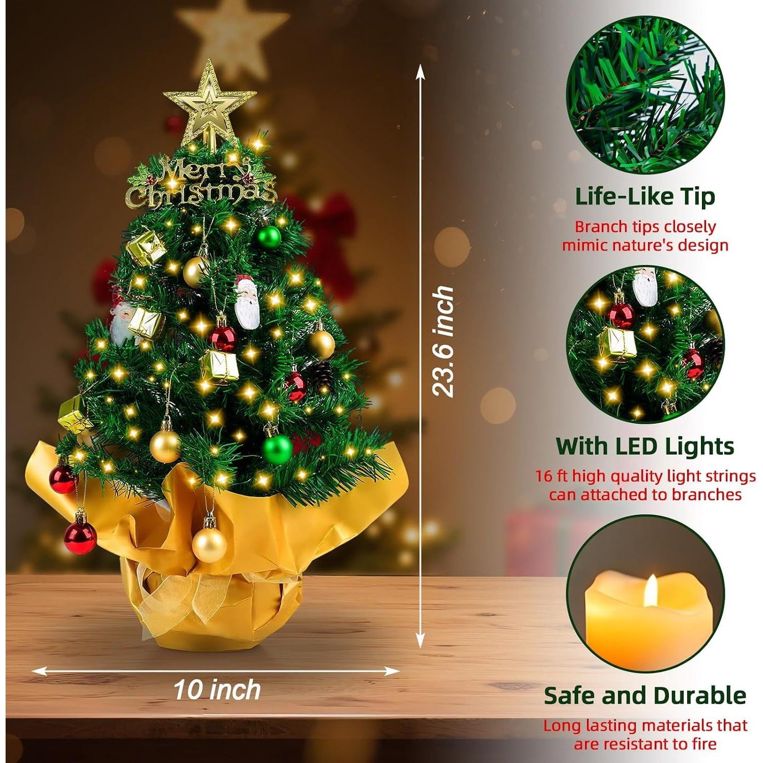 Pre-Lit Mini Christmas Tree with 30 LED Lights, Star Topper, Ornaments and Gift Boxes, 23 in Tabletop Holiday Decor for Desk, Home or Office