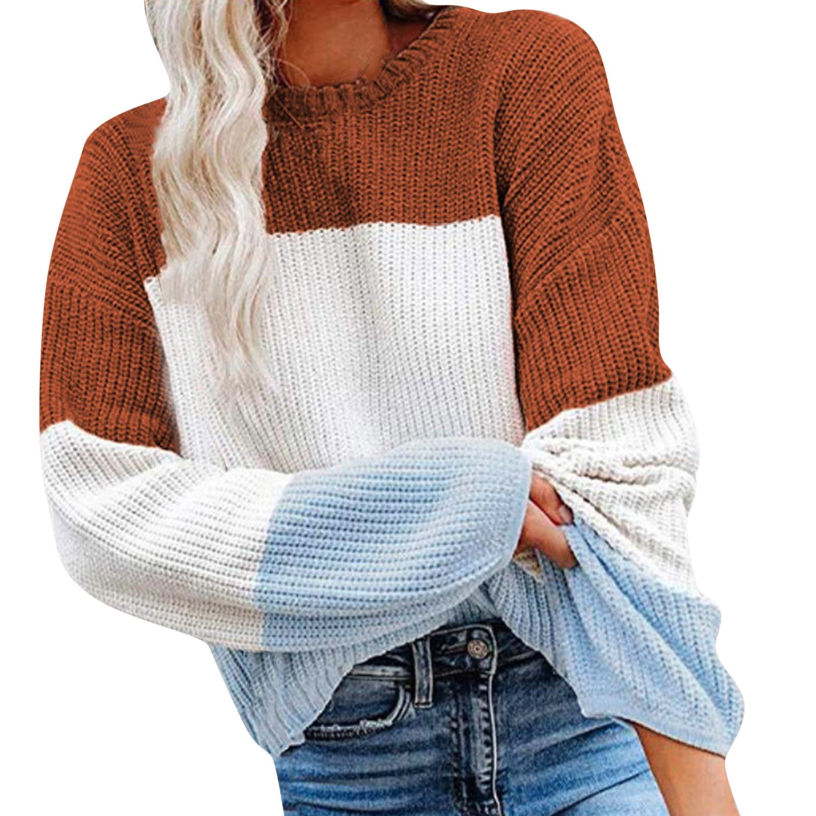 Nechology Snap Front Fleece Cardigan Womens Crew Neck Long Sleeve Color Block Knit Sweater Casual Men Dress Sweater Brown Medium, Women's