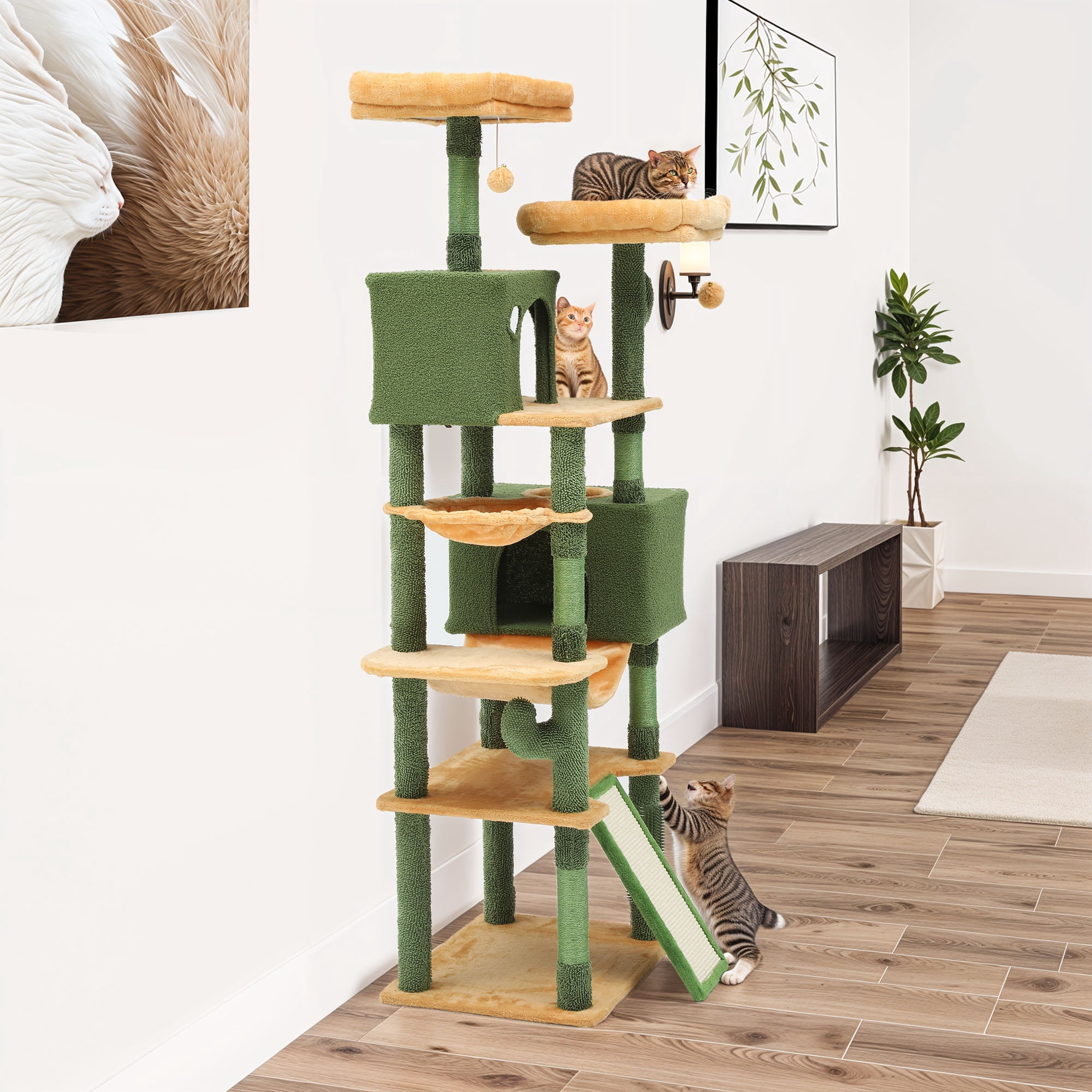 Dextrus 76" Tall Cactus Cat Tree Tower, Large Cat Condo with Self-Grooming Brush, Plush Platform, Hammock, Sisal Scratching Posts, and Toy Balls,Green