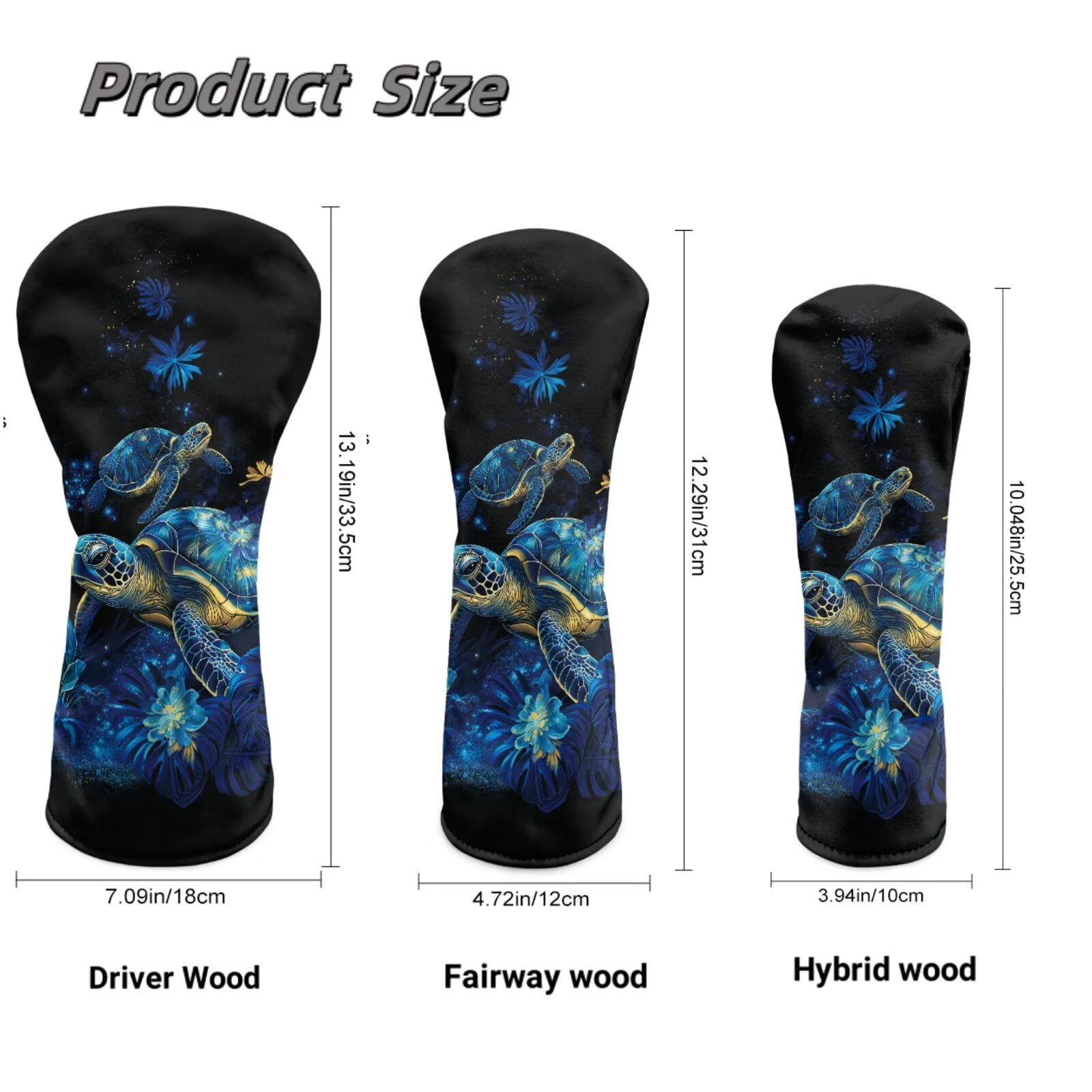 Uorisanigo Blue Turtle Golf Club Head Covers 3-Pack PU Leather Golf Club Headcover Set for Driver Fairway Wood Hybrids, Soft Lined Interior, Double-Layer Elastic Band, Wrinkle-Resistant