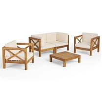 Elisha Outdoor 4 Seater Acacia Wood Loveseat Chat Set, Teak and Beige