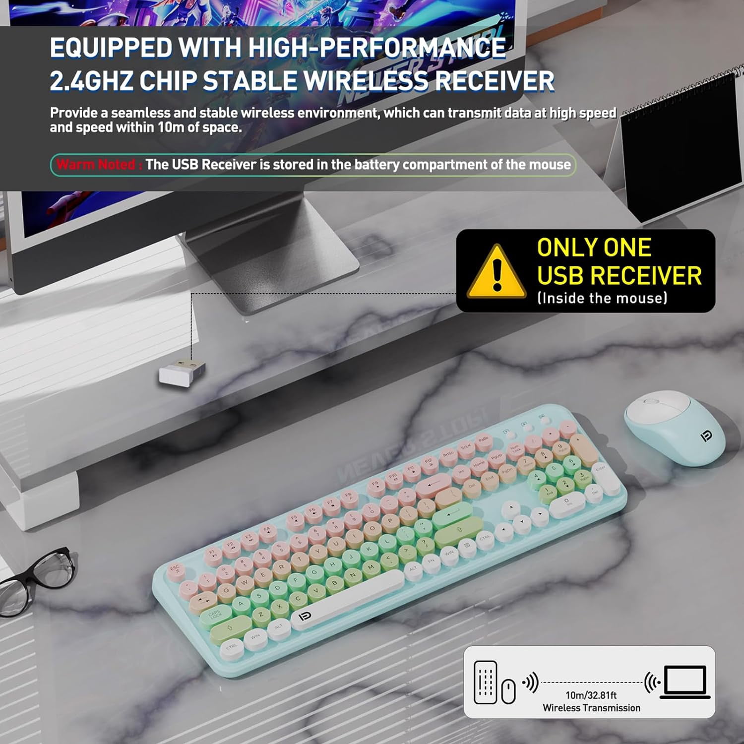 2.4GHz Wireless Keyboard and Mouse Set with Switch Button - Full-Size Keyboard - Compatible for Windows/Laptop/PC