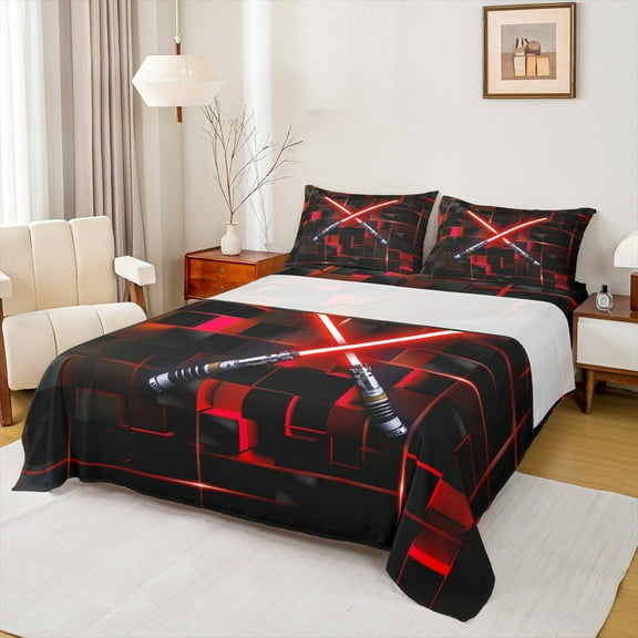 Erosebridal Red Gradient Light Twin Sheet Sets,3D Geometric Plaid Bedding Twin Size,Neon Lights Bed Sheets Set Twin Size For Boys,Lightweight Room Decorative锛? Pieces