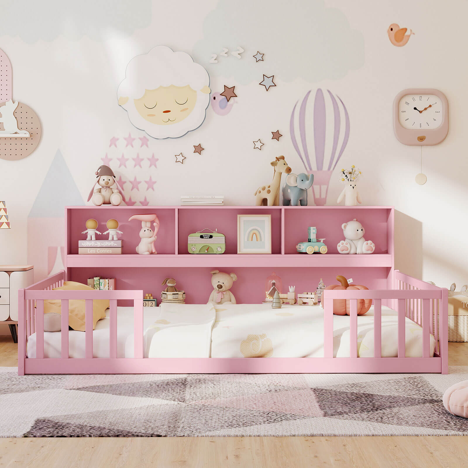 Costway Full Size Montessori Floor Bed with Bookcase Storage Shelves & Safety Fence Rails Pink