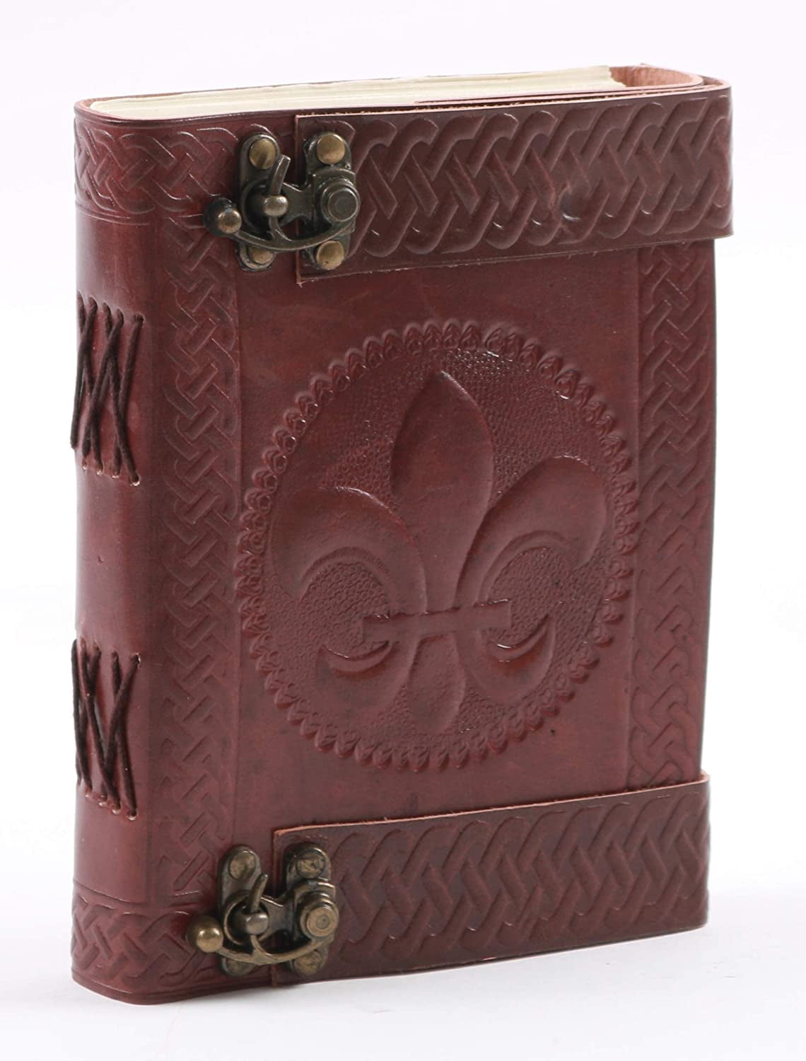 Mythrojan Handmade Leather Journal with Fleur Embossed Design – Vintage Antique Leather Bound Diary for Men, Women, Travelers & DnD Fantasy