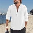 thumbnail image 4 of Camisas de lino y algodón para hombre, camisas de manga larga, Color sólido, cuello levantado, estilo informal, talla grande 3XL, primavera y otoño, novedad de 2023, 4 of 4