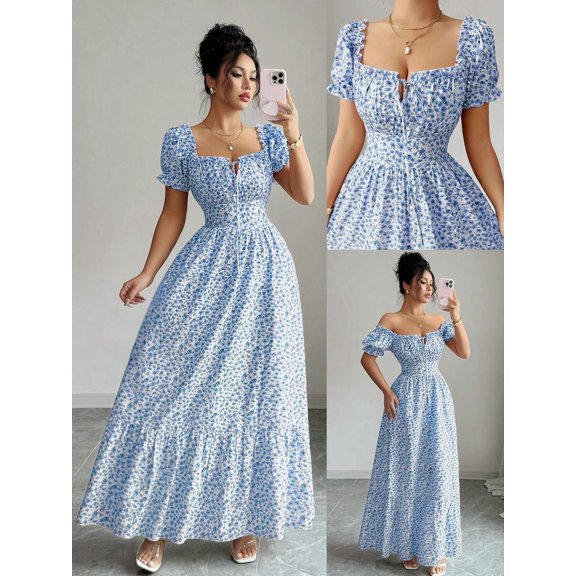 Blue Floral Print Ruched Front Tie Maxi Dress With Puff Sleeves And Square