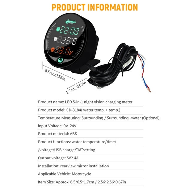 9-24V Motorcycle Thermometer LED Digital Electronic 4 In 1 Air Temperature  Meter