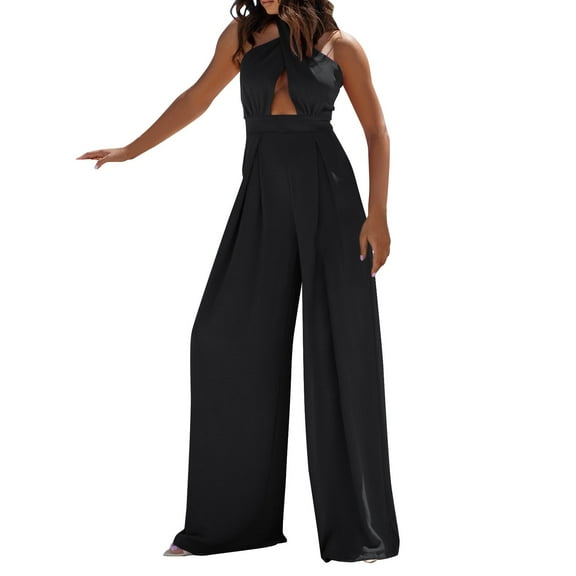 GILIGEGE Women's Halter Jumpsuits Sleeveless Casual Ruched Rompers Wide Leg Pants Jumpsuit Summer Jumpsuits Dressy Casual One Piece Outfits Womens Rompers for Summer 2025 New Summer Off Shoulder Ha