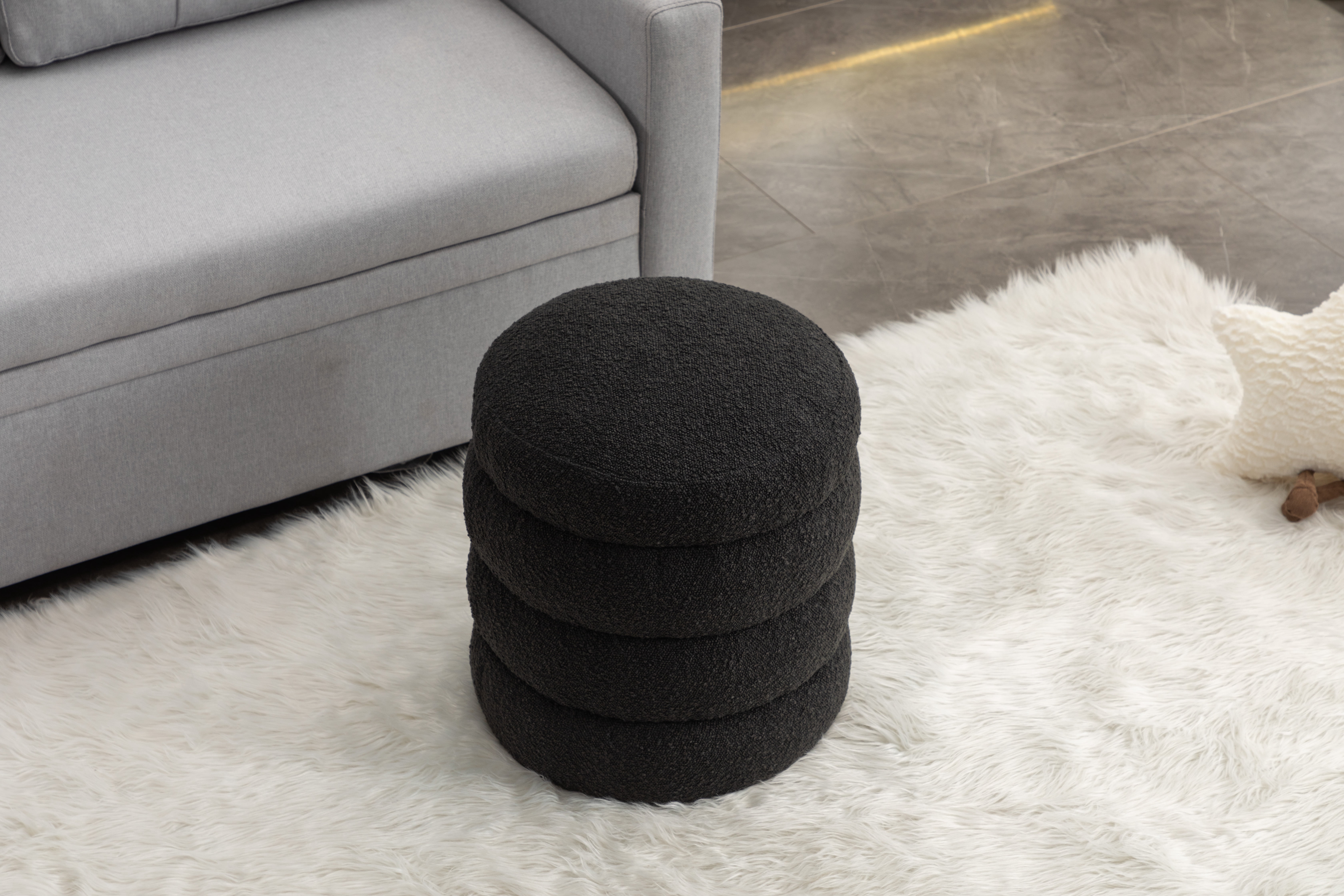 Furniliving Round Ottoman Stool, Upholstered Boucle Vanity Stool, Footstool Ottoman for Living Room, Bedroom, No Assembly Required, Black