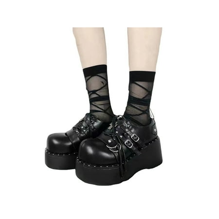 

UKAP Ladies Lightweight Gothic Leather Shoes Uniform Punk Lolita Shoe Work Platform Black 7.5