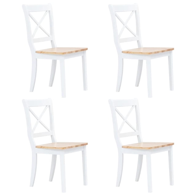 sillas de comedor casafoyer blanco/madera clara 4 pzas madera de caucho Conjunto de 4 sillas con estructura blanca y asiento en madera clara de caucho; respaldo con cruz en X, patas ligeramente curvadas y acabado lacado pulido, vista 3/4 sobre fondo blanco. Diseño ergonómico para comedor; también suelen usarse en cocina o área de desayuno.