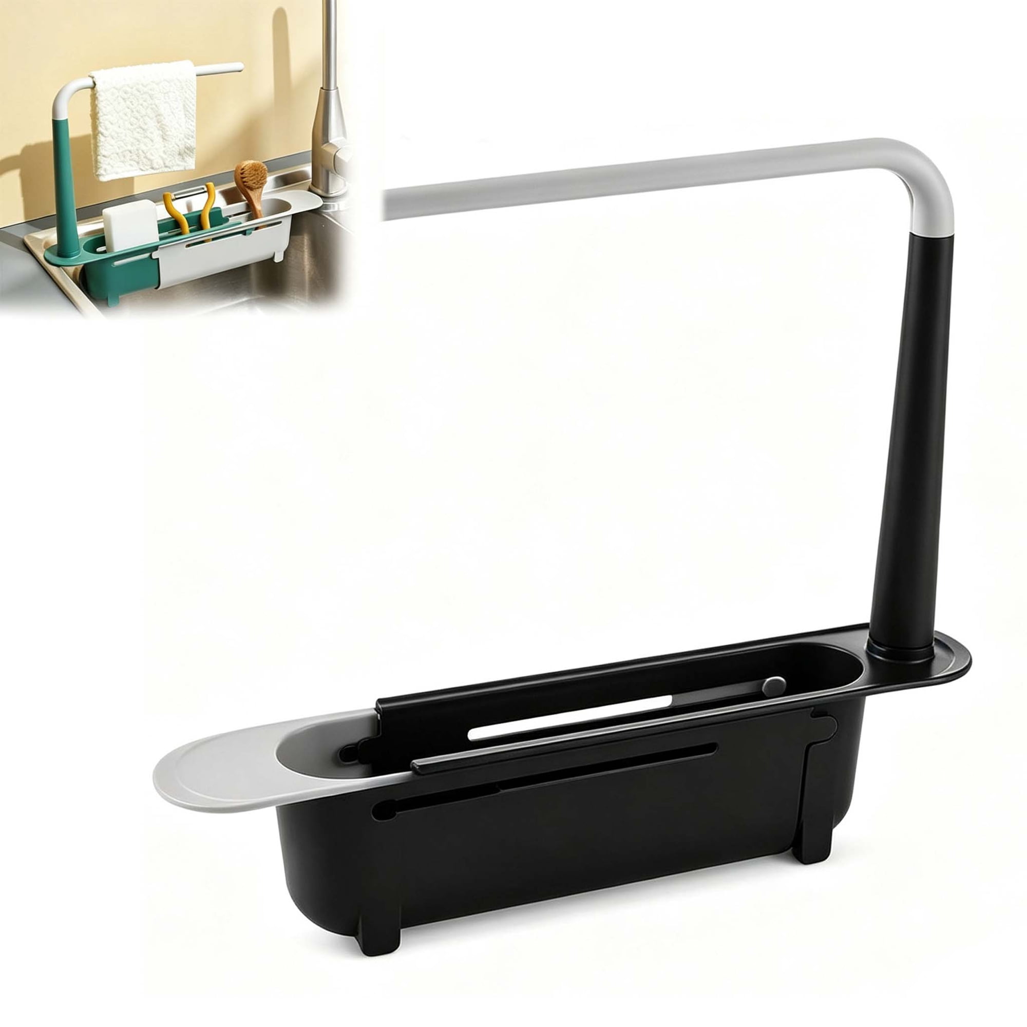 Telescopic Sink Storage Rack Adjustable, Large Capacity Organizer for Kitchen Sink, PP Material, Ventilated Towel Bar Storage for Daily Cleaning