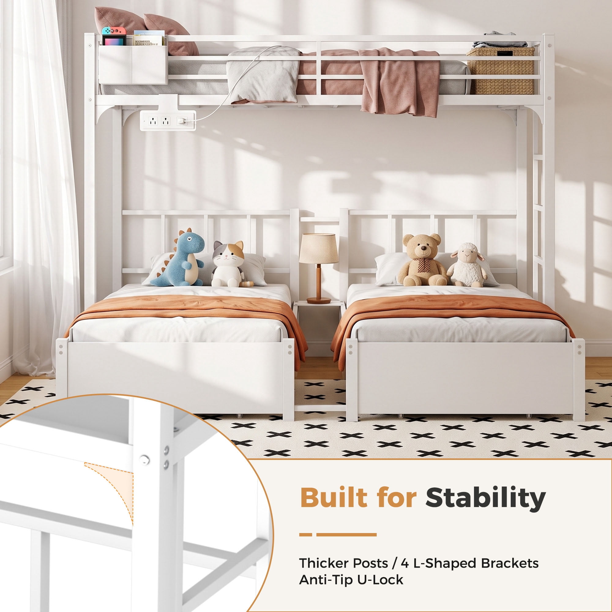 Miniyam Triple Bunk Bed with 2 Storage Drawers, Twin Over Twin Over Twin XL, LED Light and Power Strip, White