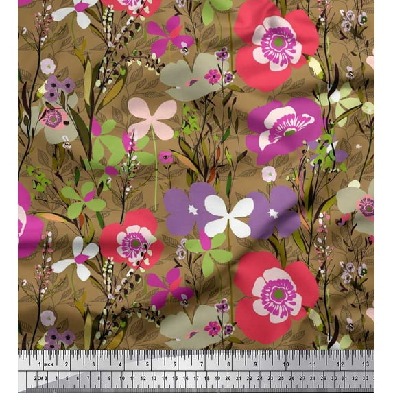 Soimoi Brown Modal Satin Fabric Leaves & Floral Artistic Print Sewing Fabric Yard 42 Inch Wide