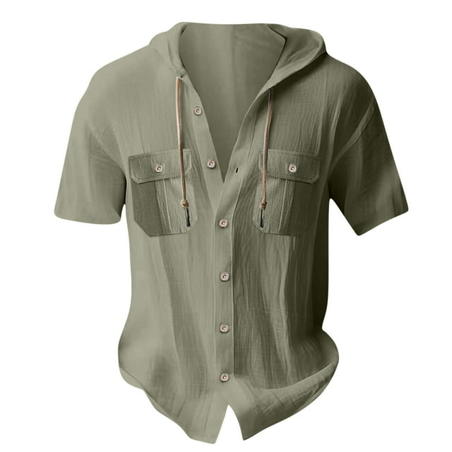 Plebaso Mens Button down Hooded Shirts Long/Short Sleeve Drawstring Hoodies Casual Plain Tops with Pockets