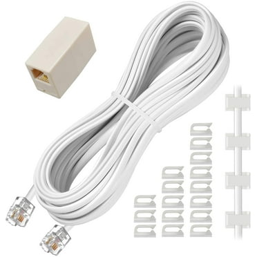 JESOT Phone Extension Cord 25 Ft, Telephone Cable with Standard RJ11 Plug and 1 in-Line Couplers and 20 Cable Clip Holders, White