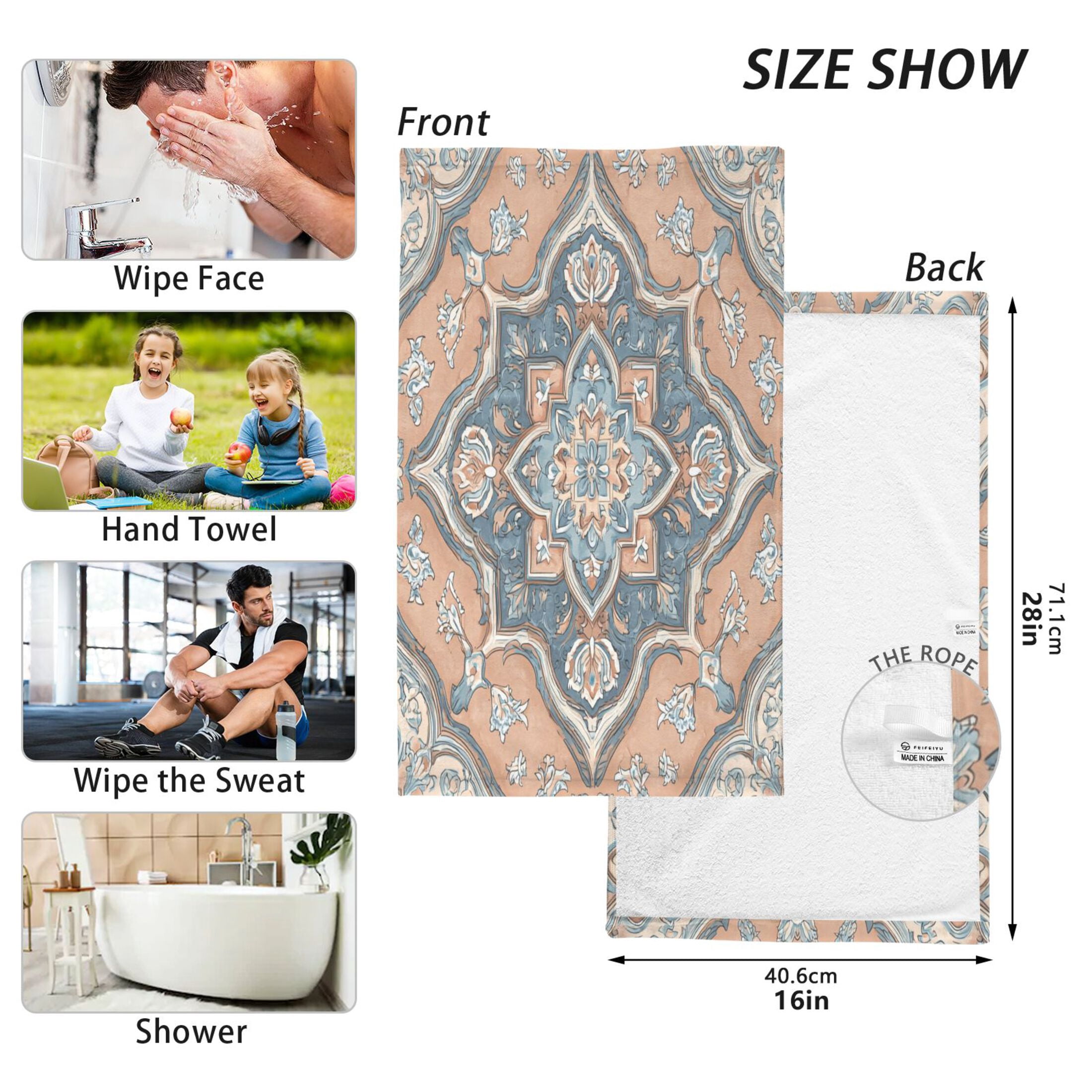 2 Pieces of Cotton Towel Face Towel Set Hand Towel Bath Towel Cotton Bath Towel Sets Terracotta Mosaic Peach Accents