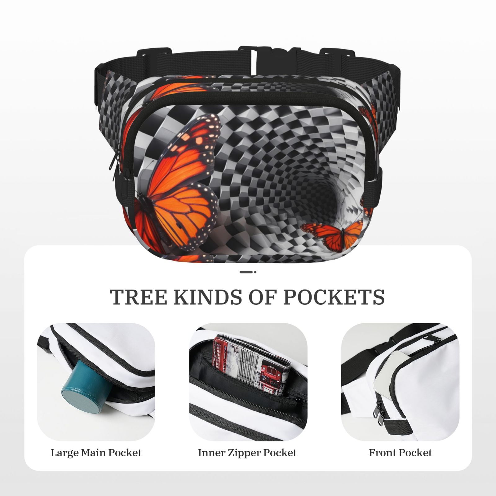 Picia Butterflies Optical Illusion Print Square Double-Layer Waist Bag Mini Adjustable Waist Belt Bag Exercise Running Travel Hiking