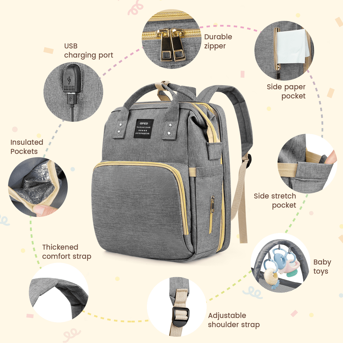 GPED Diaper Bag Backpack, Multifunctional Baby Changing Bag with Foldable Crib & Insulated Milk Bottle Pockets, Large Capacity Portable Travel Backpack with USB Charging Port for Moms Dads(Gray)